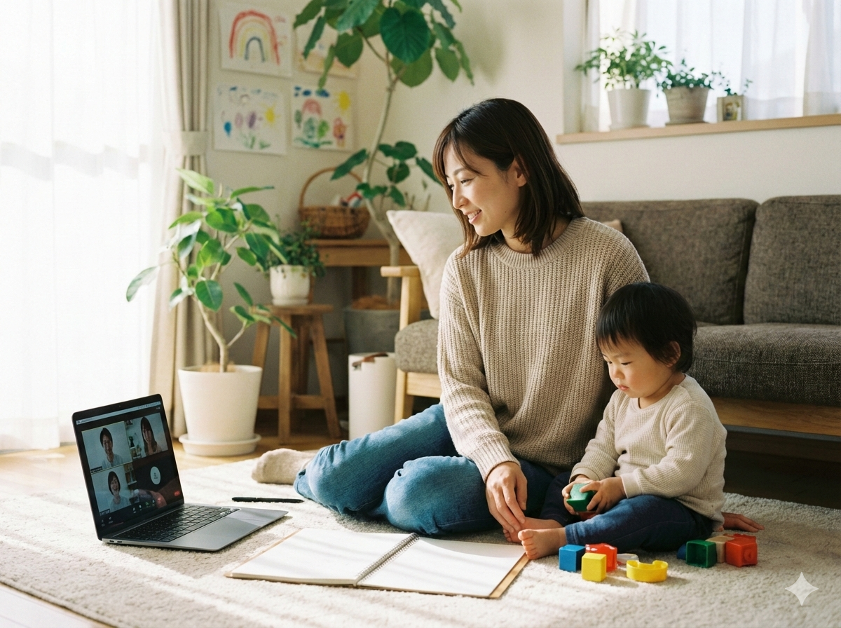 明るいリビングで、子供が隣で遊んでいる中、笑顔でオンラインセミナーを受講してメモを取る日本人女性の様子