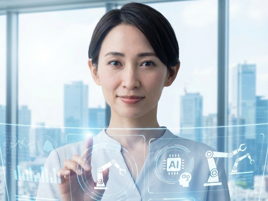 30代のキャリアウーマンがAI技術を駆使してオフィスで仕事をしている。