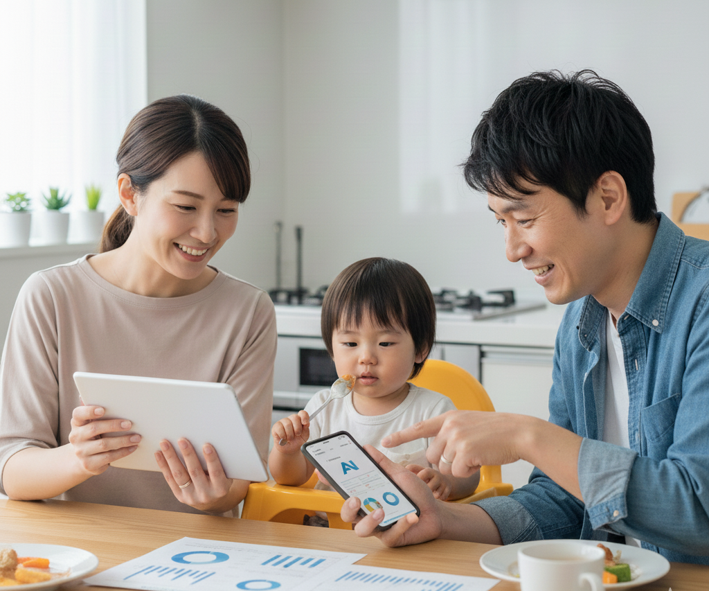 30代の日本人夫婦と幼い子どもがキッチンで朝食をとりながら、タブレットとスマートフォンでAI家計簿アプリのデータ（グラフなど）を見て笑顔で話している様子。