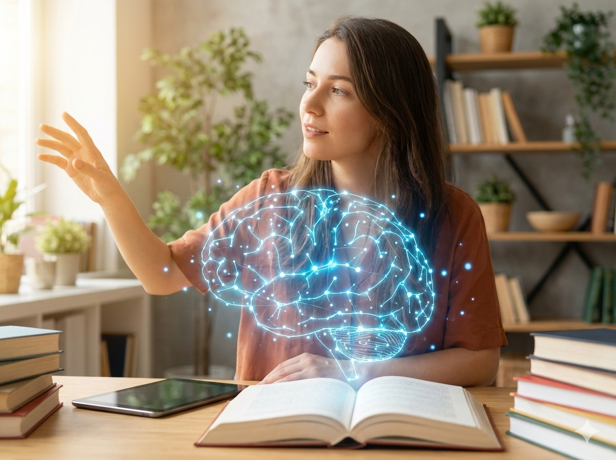 AI（人工知能）の基本概念を視覚化した、学習中の女性とデジタルの脳のイメージ画像