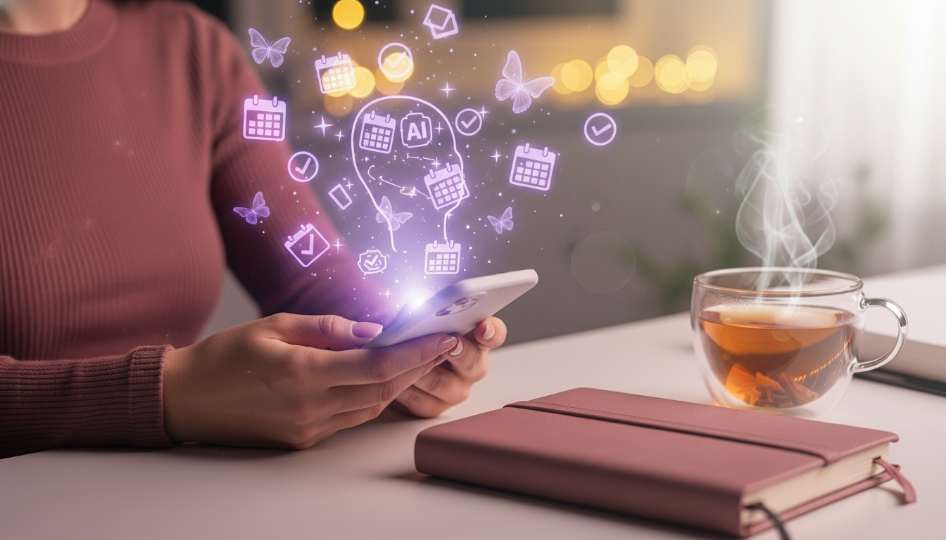 スタイリッシュな女性が光るスマートフォンを持ってリラックスしており、画面からはカレンダー、チェックマーク、魔法の蝶のホログラフィックなラベンダー色のアイコンが現れ、彼女の思考を整理するAIアシスタントを象徴するように空中に浮かんでいる。