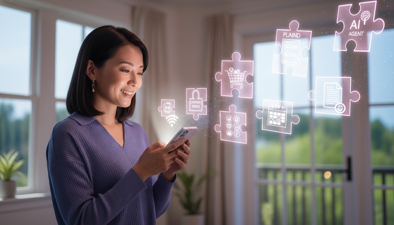 夕暮れ時の明るく現代的なリビングルームに立つ、30代のスタイリッシュな日本人女性。 彼女は温かく微笑んでおり、唯一の光の源である光るスマートフォンに優しく話しかけている。