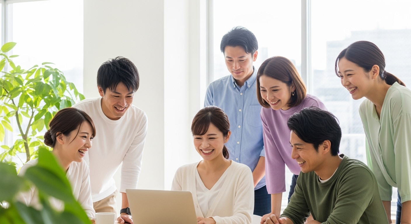 30代の明るい日本人女性が中心にいて、ノートPCを使いながら温かく微笑んでいる。 彼女は、笑顔で活発に協力し合い、一緒に画面を見ている、サポート精神にあふれた多様な（男女の）同僚たちに囲まれている。