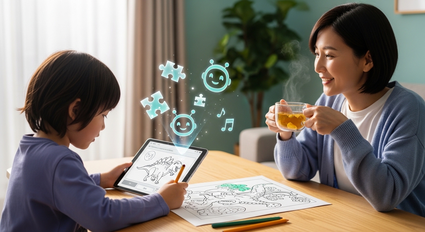 AIと一緒に楽しむ子供と、それを見守りながらリラックスするママ