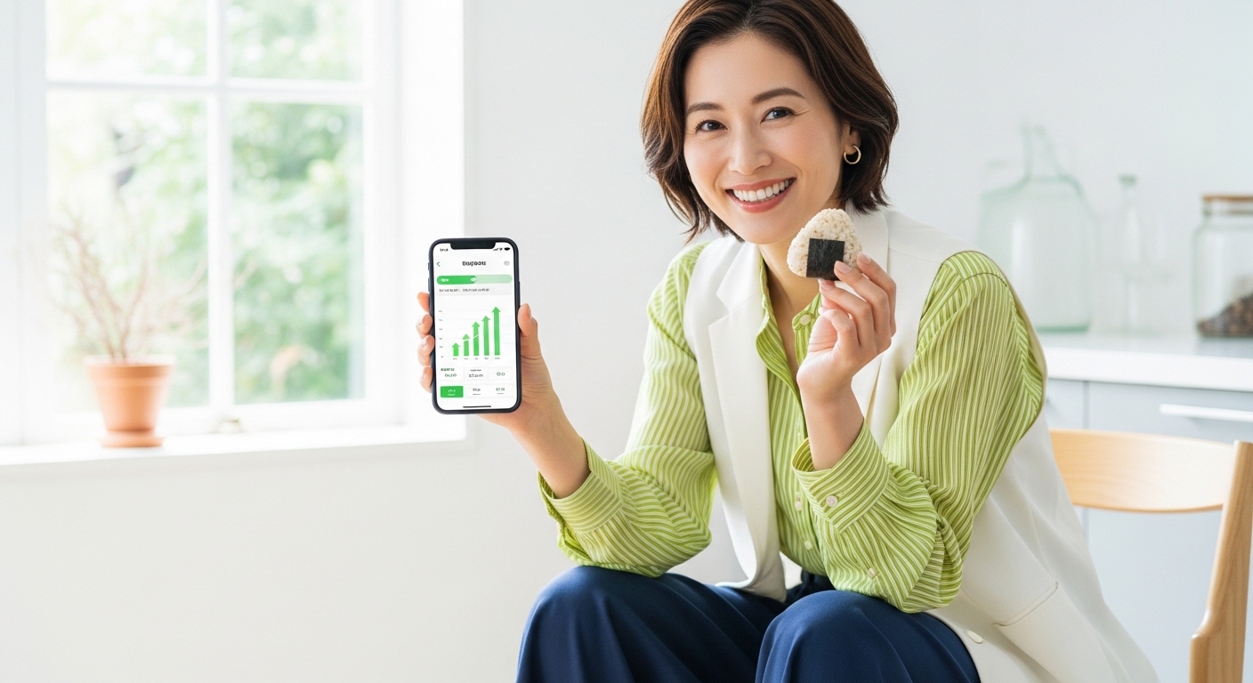 30代後半の、健康的でスタイリッシュな日本人ママのリアルな写真。昼下がりの明るくモダンでミニマルなキッチンで、スマートフォンを見ながら笑っている。トレンドの黄緑色のストライプシャツに白のベストを着て、ナチュラルでスタイリッシュな髪型。