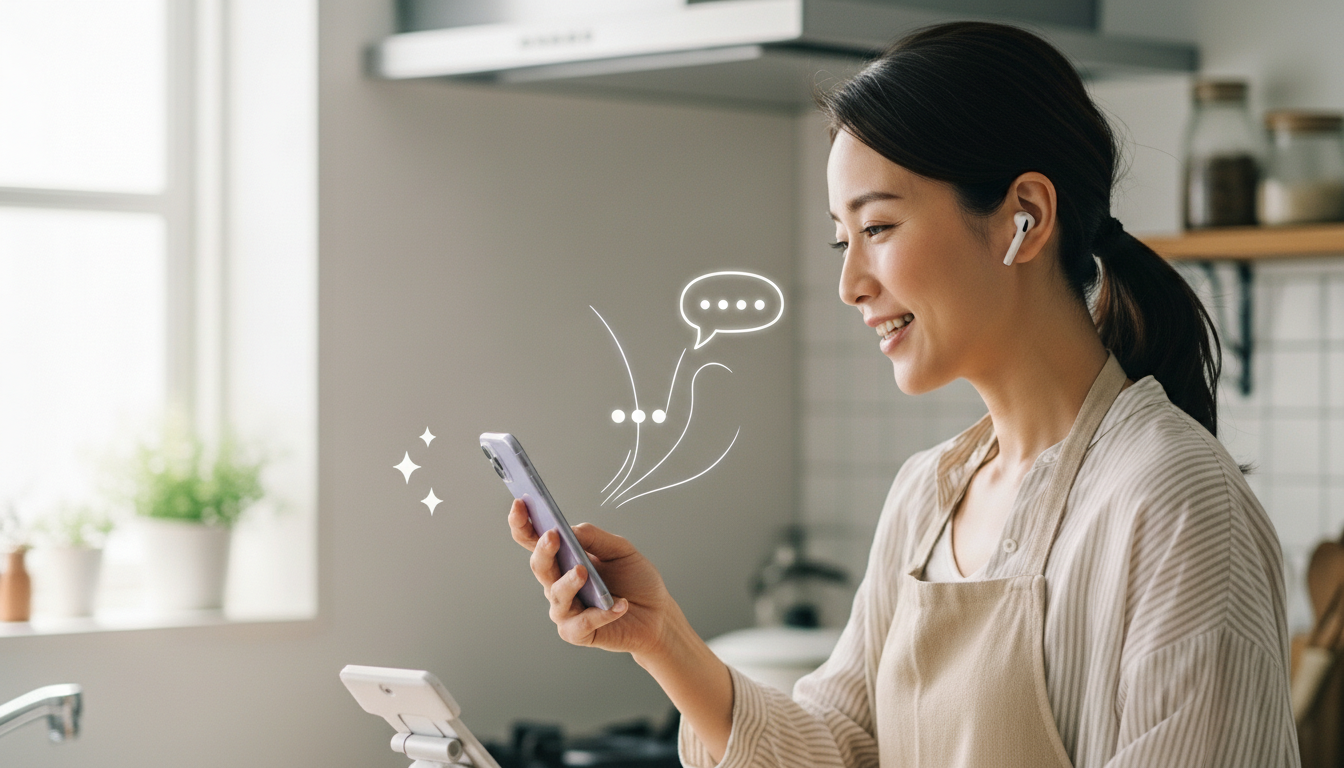 キッチンで料理をしながら、スマホのAI音声入力を使ってブログ記事を作成する笑顔の女性