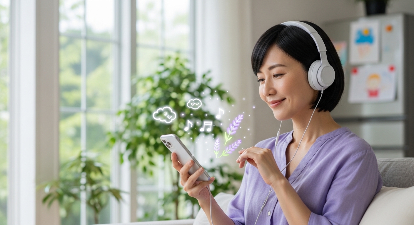 スマホに優しく話しかけ、心が癒やされているママ