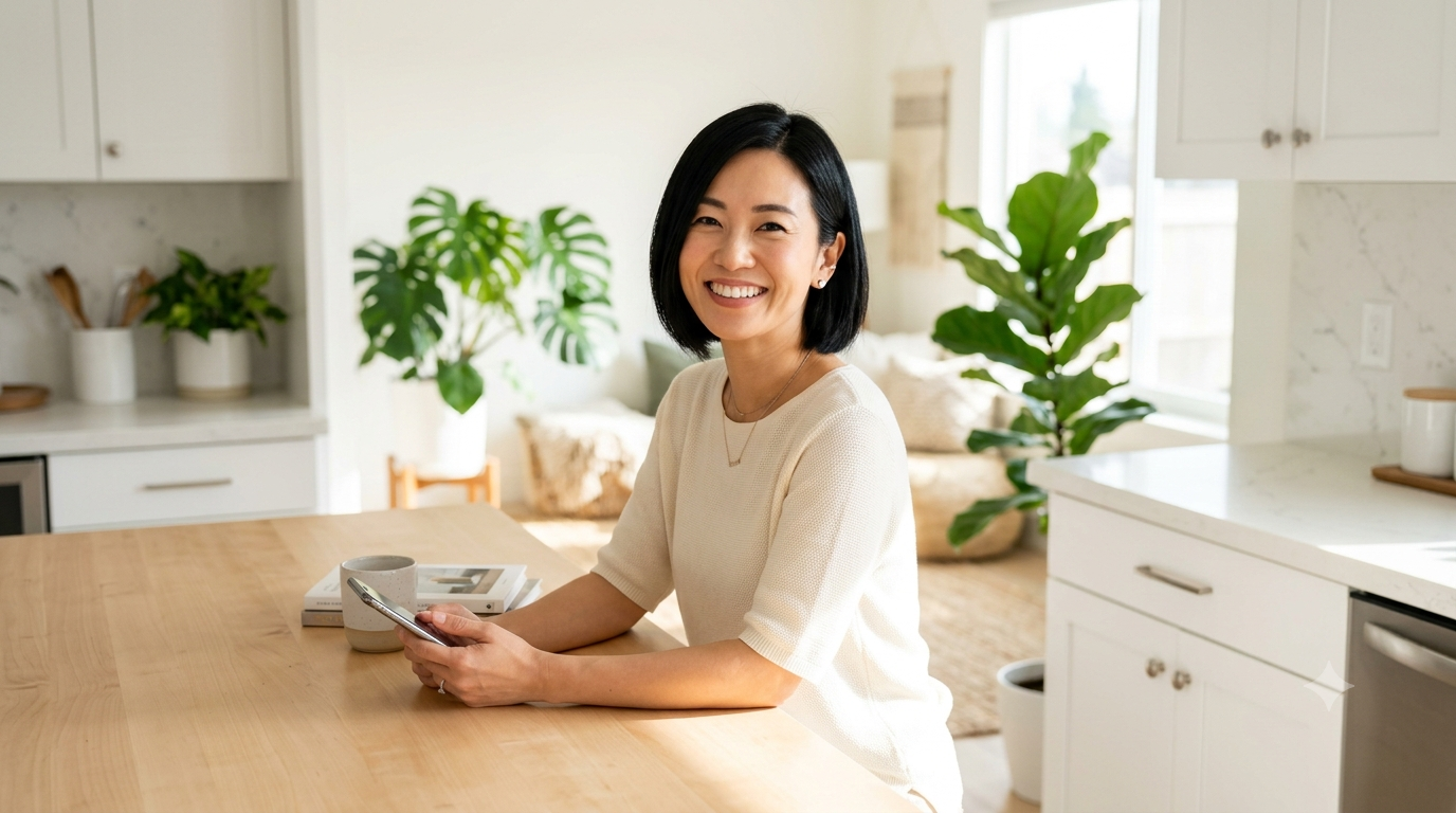 スマホを持って明るいリビングのキッチンカウンターで笑顔を見せる、30代の黒髪ボブの日本人女性。AIを使いこなして時間を生み出すスマートなライフスタイルのイメージ。